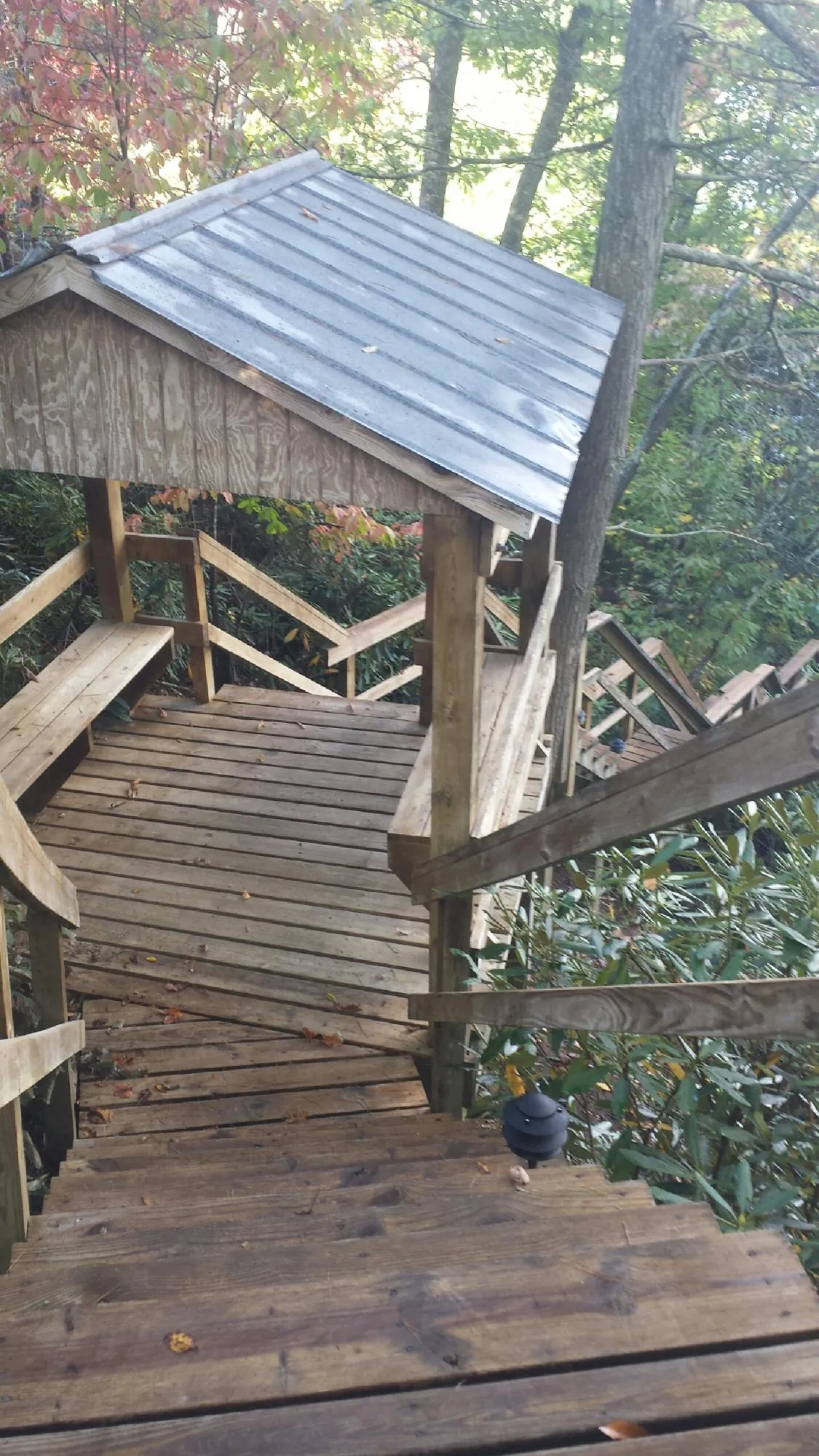 Metal roofed shelter over wooden steps on a wooded walkway — Skylight Repair & Installation work by our crew in Toccoa
